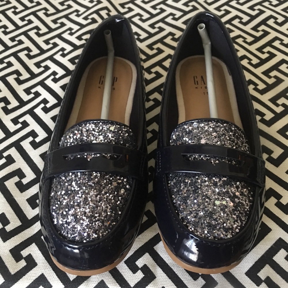 New Gap Kids Navy Blue with silver sparkle loafers
